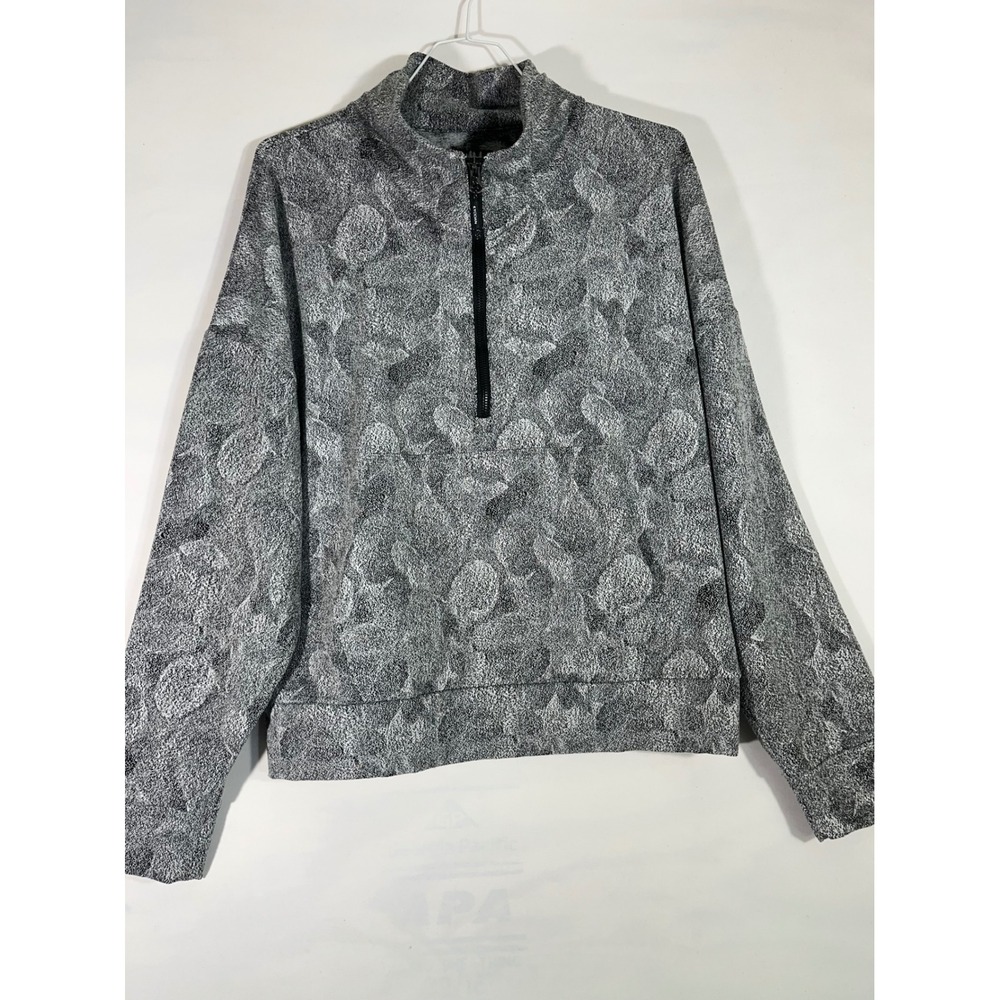 KYODAN OUTDOOR Women's Leaf Print Pullover Sweater 1/4 Zip Nature Black White LG